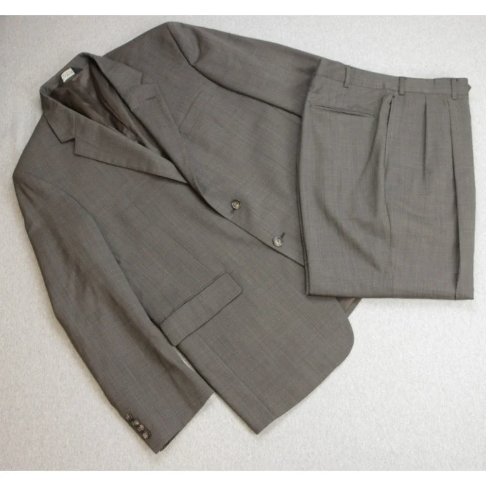 Jos A Bank Suit Mens Size 44R Brown Micro Check 100% Wool 2 Piece 38 x 26 Pants